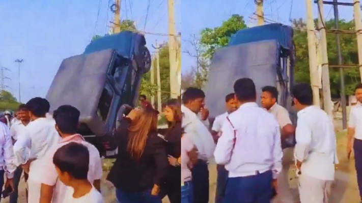 Thar climbs over electricity pole in Gurugram: Honda Amaze speeds up and competes from behind | VIDEO